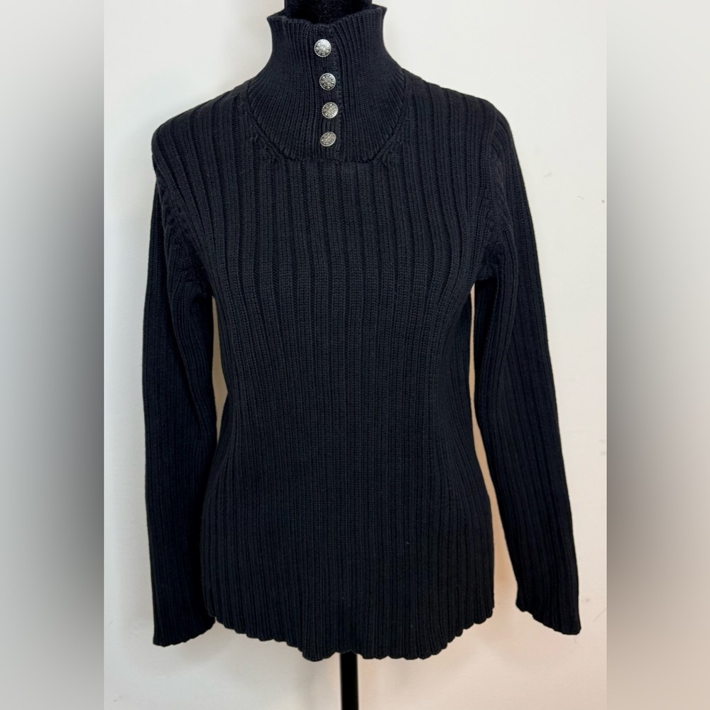 Lauren Ralph Lauren 100% cotton Black ribbed sweater snowflake button mock neck